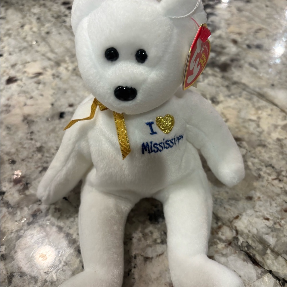 White Plush Bear with Gold Heart - Beanie Baby